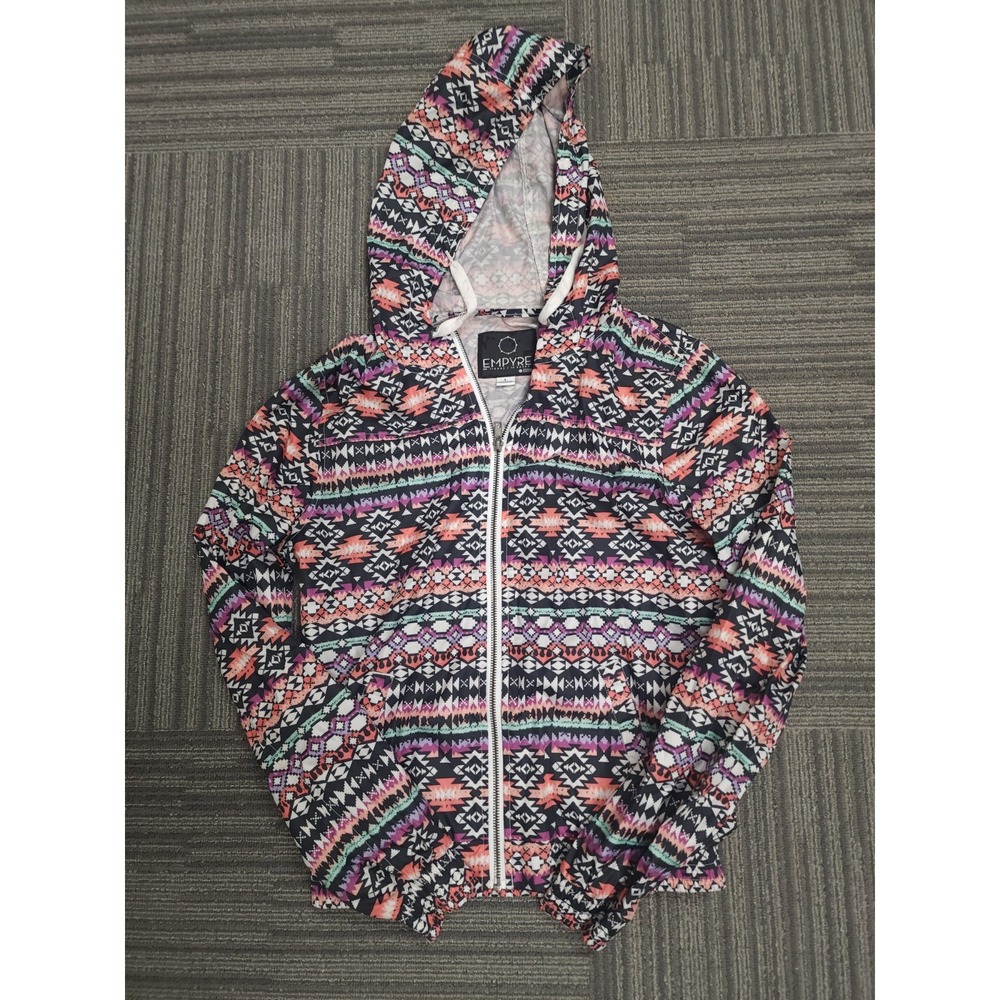Empyre Hooded Windbreaker Black Orange White Aztec Full Zip Long Sleeve Sz L